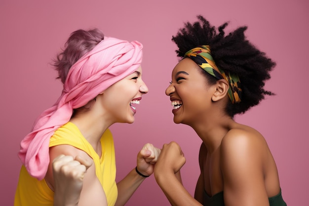 Allegre donne multiculturali che indossano fasce rosa che combattono contro il cancro Felici sopravvissuti al cancro IA generativa