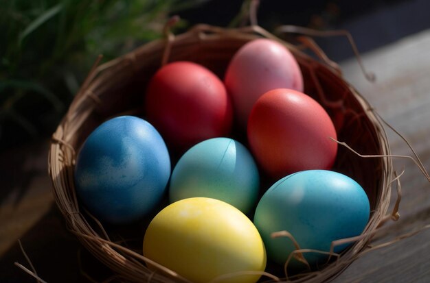 Allegre uova di Pasqua colorate Uova multicolori per le vacanze di Pasqua nella ciotola del nido Genera ai