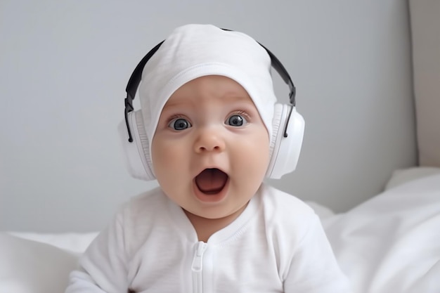 allegro bambino sorpreso di 6 mesi che indossa le cuffie per ascoltare musica con un effetto positivo sul concetto di sviluppo cognitivo dell'IA generativa del bambino