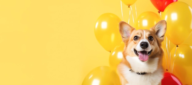 Allegro cane corgi con palloncini su uno sfondo giallo festoso Spazio copia cartolina banner