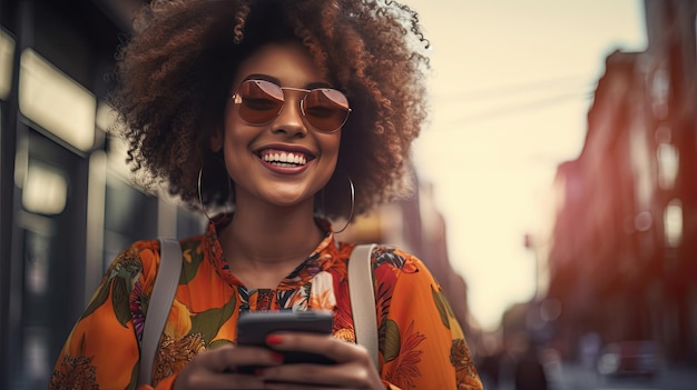 Allegro di una giovane donna con lo smartphone sulla strada della città