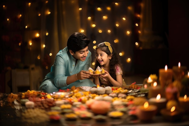 Allegro fratello e sorella indiani che si scambiano una confezione regalo durante il festival raksha bandhan