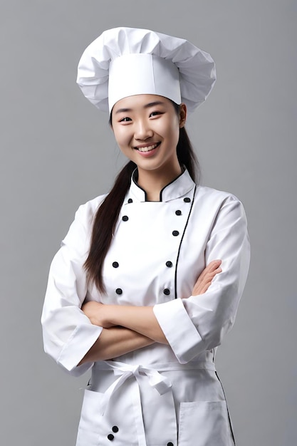 allegro giovane cuoco femminile in uniforme in piedi isolato sopra il muro grigio ad alta risoluzione