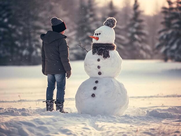 Allegro pupazzo di neve e persona che si godono insieme il paese delle meraviglie invernali IA generativa