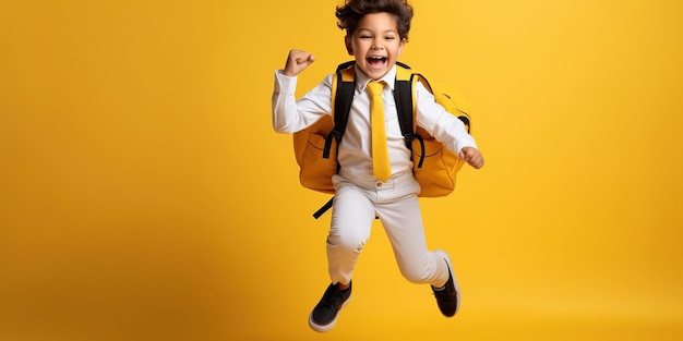 Allegro scolaro malizioso in uniforme con uno zaino salta su uno sfondo giallo