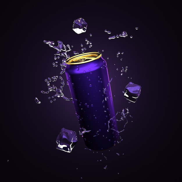 Allegro sfondo viola, blu con un drink in lattine di alluminio. Bere, bere, ristorante, alcol, acqua, mescolare, bar, soda, cola, frutta, lattine di alluminio, imballaggio, illustrazione 3D, rendering 3D