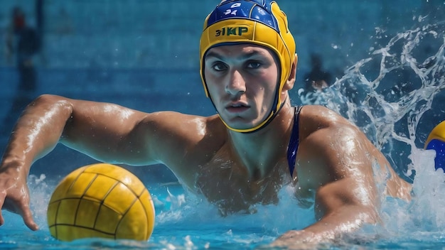 Allenamento a polo acquatico Giovane sportivo gioca a polo aquatico in piscina