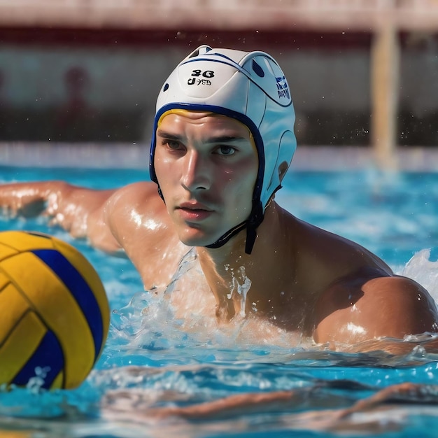 Allenamento a polo acquatico Giovane sportivo gioca a polo aquatico in piscina