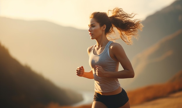 Allenamento all'aperto del percorso di corsa della bella donna in vista della vita di montagna stile di vita sano