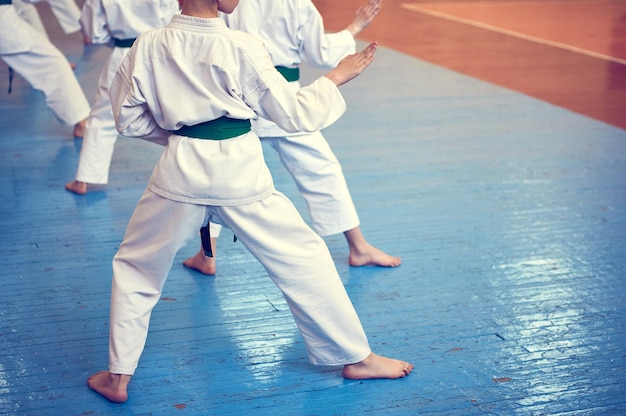 Allenamento per bambini sul karatedo Banner con spazio per il testo Stile retrò Per pagine Web o stampa pubblicitaria Foto senza volti