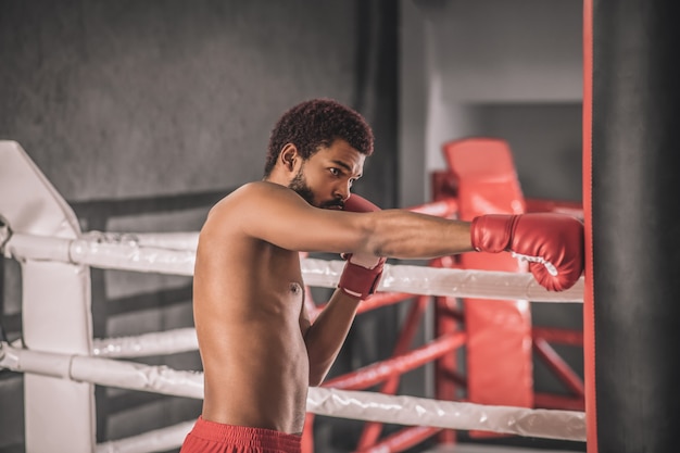 Allenarsi. Kickboxer dalla pelle scura che si allena in palestra e sembra coinvolto