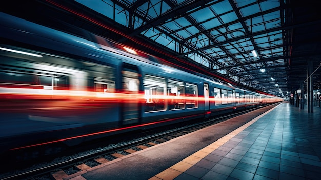 Allenati di notte in una città guidando in movimento con scie luminose in una stazione ferroviaria