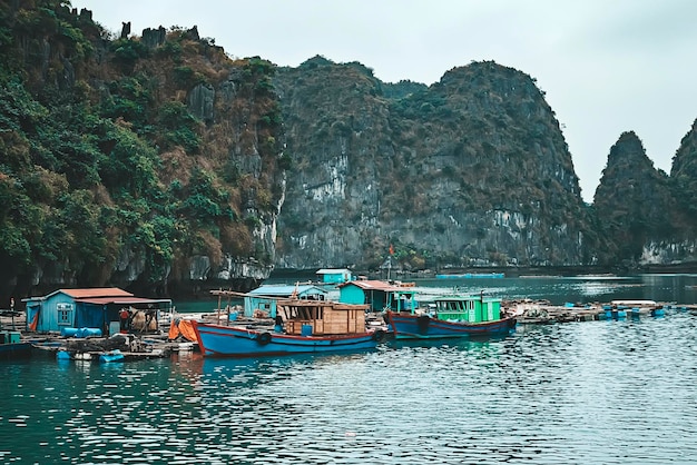 Allevamento ittico galleggiante nella baia di ha long vietnam produzione di pesce e crostacei nel mare