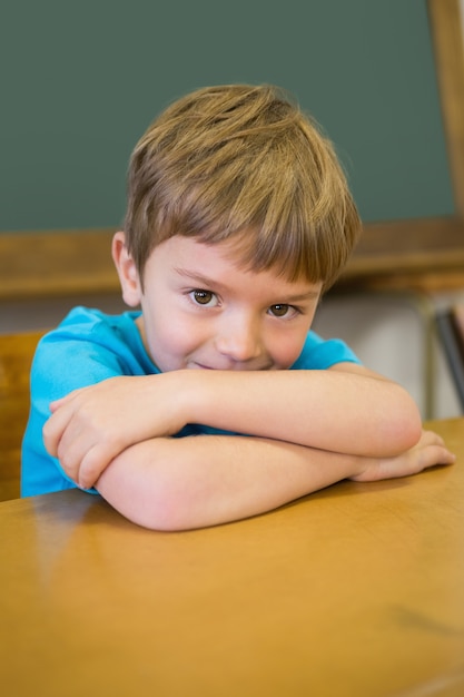 Allievo sveglio che sorride alla macchina fotografica in aula