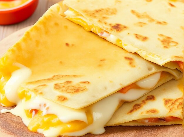 Allungare il formaggio e riempire i primi piani all'interno della quesadilla messicana