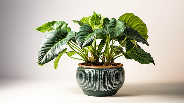 Alocasia Macrorrhiza 'Stingray' pianta su un vaso su sfondo bianco