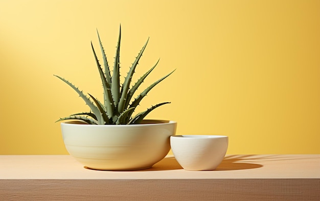 Aloe succulente in piatto bianco su giallo