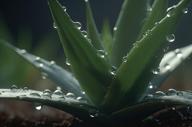 Aloe vera con le gocce di pioggia Un primo piano di foglie verdi di aloe IA generativa