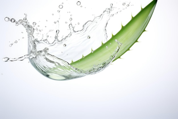 Aloe Vera fette mosca isolata Aloe Vera cadendo in acqua Succo di Aloe Vera schizzare su sfondo bianco