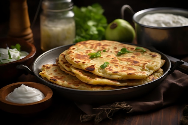 Aloo paratha servito con yogurt e sottaceti