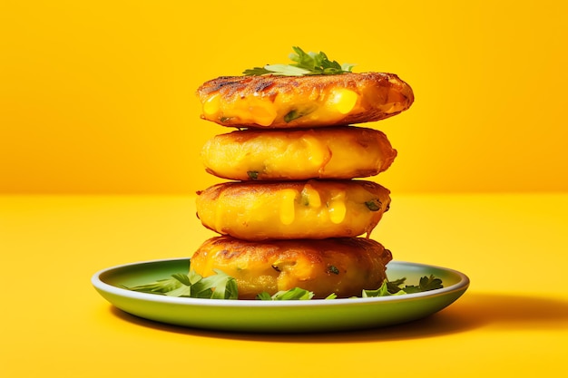 Aloo Tikki gustoso fast food, cibo di strada da asporto su sfondo giallo