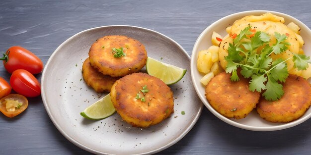 Aloo tikki Patatine di patate mescolate con alcune verdure fritte sul tavolo di legno