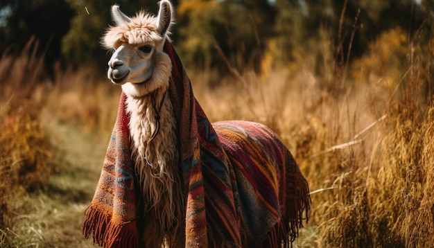 Alpaca che pascola in un bellissimo paesaggio di prati africani generato dall'intelligenza artificiale