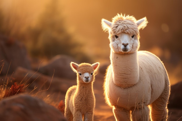 Alpaca e prole in piedi sull'erba marrone