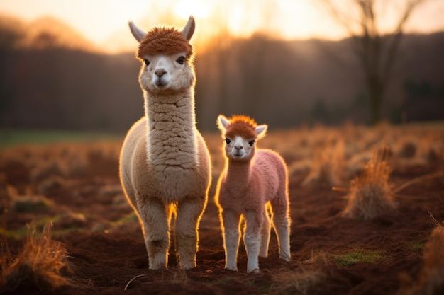 Alpaca e prole in piedi sull'erba marrone