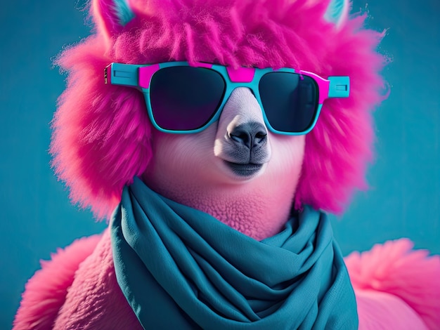 Alpaca rosa con occhiali da sole e foulard ai generativi
