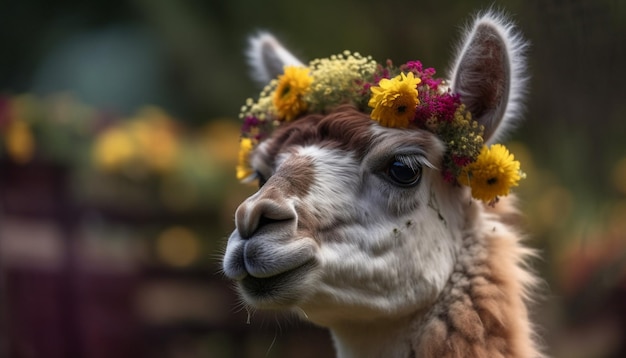 Alpaca sorridente in un prato circondato da fiori generati dall'intelligenza artificiale