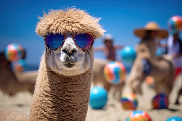 Alpaca sulla spiaggia che gioca a pallavolo