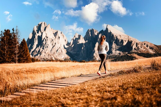 Alpe di Siusi Seiser Alm Sassolungo gruppo montuoso paesaggio di rosso alpino autunno Alpe di Siusi escursionismo paesaggio naturale nelle Dolomiti chalet in legno nelle Dolomiti Trentino Alto Adige