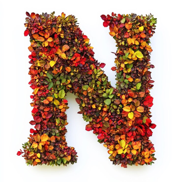 Alphabet letter N made of fall leaves flowers berries Vibrant autumn colours Generative AI