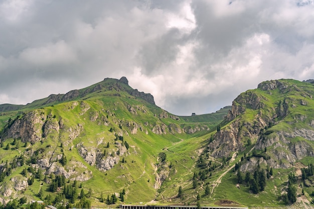 Alpi panoramiche con collina verde sotto il cielo coperto