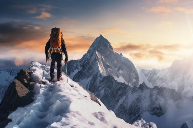 Alpinista che raggiunge la vetta di un'alta montagna al tramonto