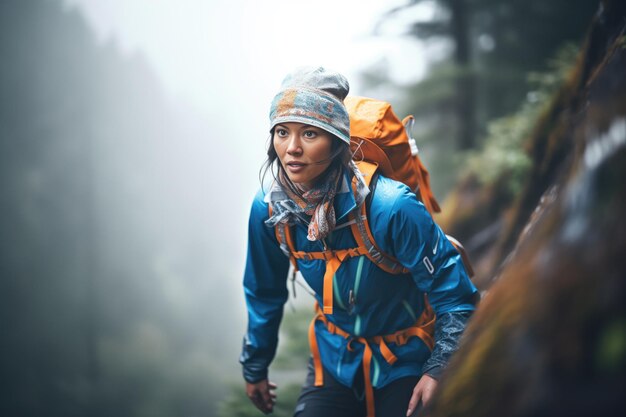 Alpinista che sale su una ripida scogliera