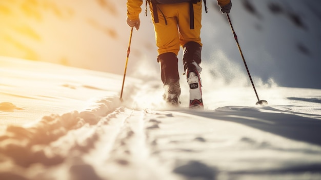 Alpinista di backcountry che fa sci a piedi