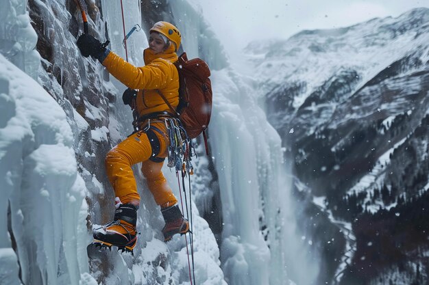 Alpinista di ghiaccio che sale su una cascata ghiacciata