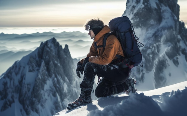 alpinista di neve sport di arrampicata in alta montagna e tempesta di neve cima della montagna di ghiaccio