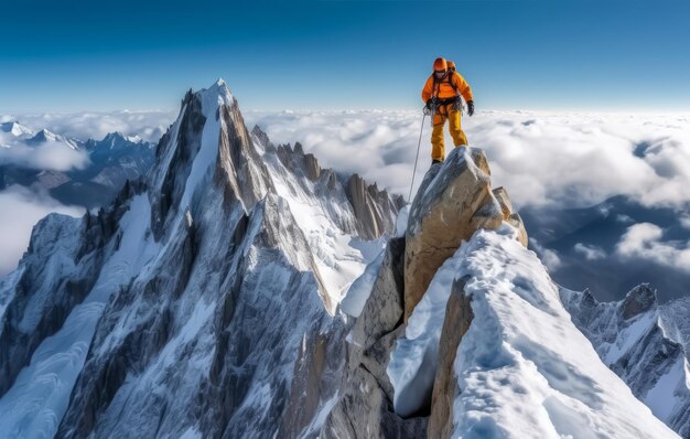 Alpinista equipaggiato per l'arrampicata raggiunge le vette