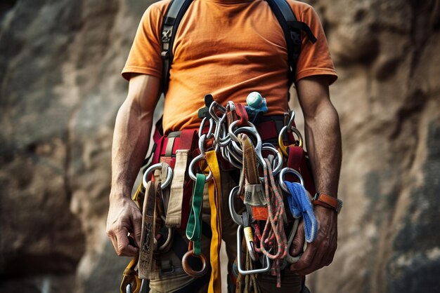 Alpinista maschio con attrezzatura da arrampicata che tiene la corda pronta per iniziare a arrampicarsi sul percorso