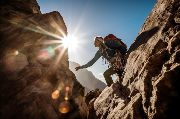 Alpinista nei raggi del sole nel concetto di sport estremi attivi in montagna Escursioni di arrampicata