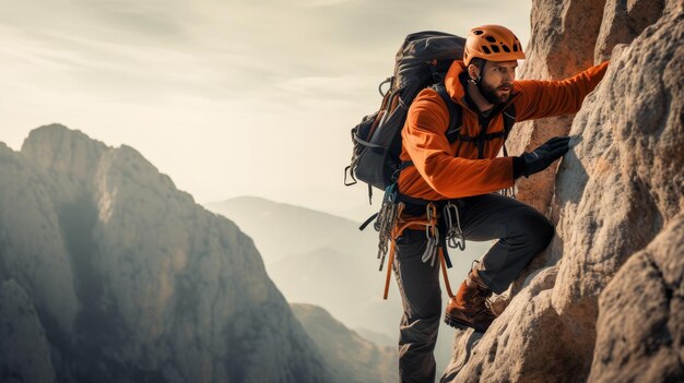 Alpinista professionista che conquista la sfida della roccia