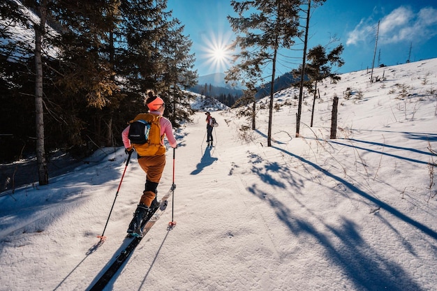 Alpinista sci d'alpinismo a piedi sci alpinista in montagna Sci alpinismo nel paesaggio alpino con alberi innevati Avventura sport invernale