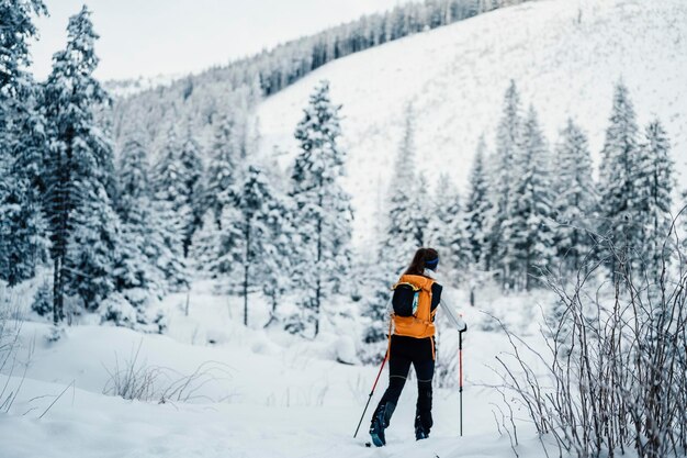 Alpinista sci d'alpinismo a piedi sci alpinista in montagna Sci alpinismo nel paesaggio alpino con alberi innevati Avventura sport invernale