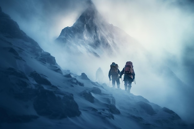 Alpinisti che conquistano una vetta ghiacciata durante un ai generativo