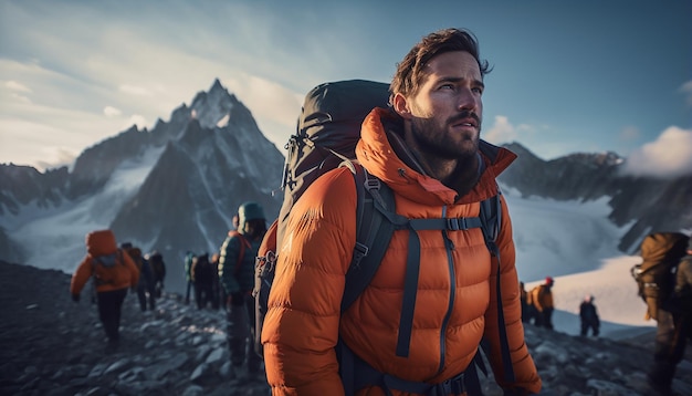 Alpinisti che scalano le Alpi Alpinisti che scalano il ghiacciaio con i loro zaini