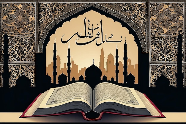 alquran quran koran libro di religione islamica con silhouette di moschea come sfondo illustrazione grafica vettoriale