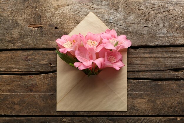 Alstroemeria rosa in busta su fondo di legno